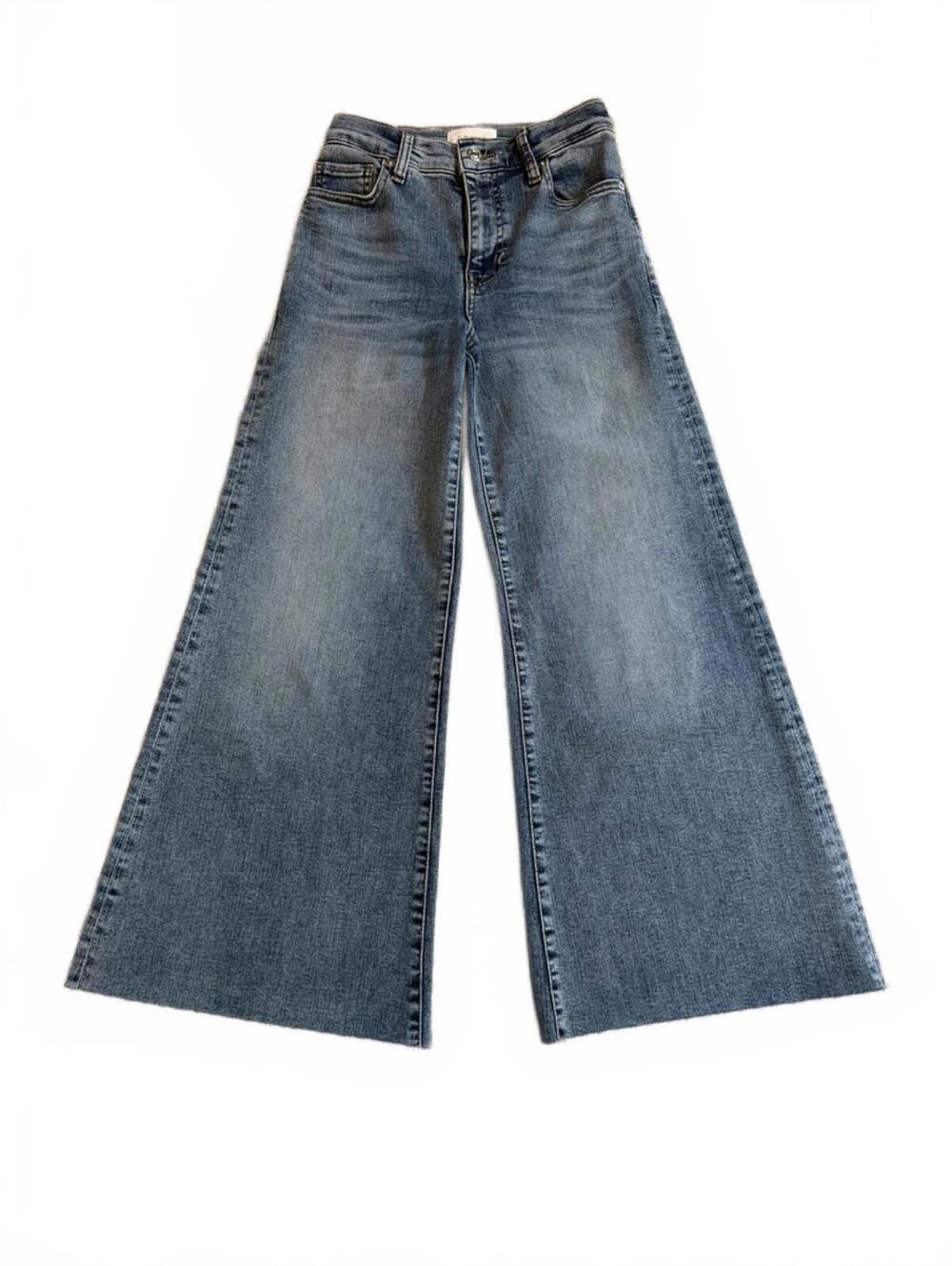 FRAME Le Palazzo Stretch Crop High Rise Wide Leg Jeans Raw Hem Blue Size 24‎